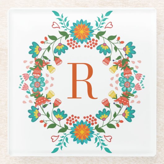 Farbenfrohe Frühlingsblumen Kränze Monogramm Glasuntersetzer (Vorderseite)
