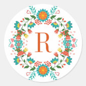Farbenfrohe Frühlingsblumen Kränze Monogramm Runder Aufkleber (Vorderseite)