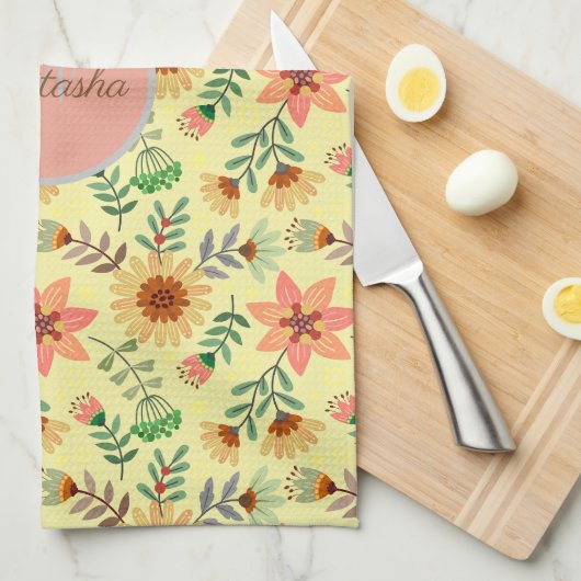 Farbenfrohe Frühlingsblumen Mädchenname Monogram Geschirrtuch (Viertel Falte)