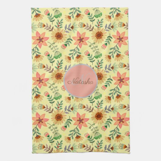 Farbenfrohe Frühlingsblumen Mädchenname Monogram Geschirrtuch (Vertikal)