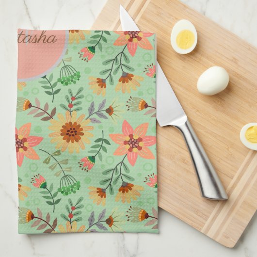 Farbenfrohe Frühlingsblumen Mädchenname Monogram Geschirrtuch (Viertel Falte)