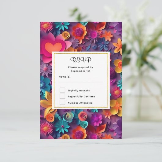 Farbenfrohe Frühlingsblumen Muster Hochzeit RSVP (Stehend Vorderseite)