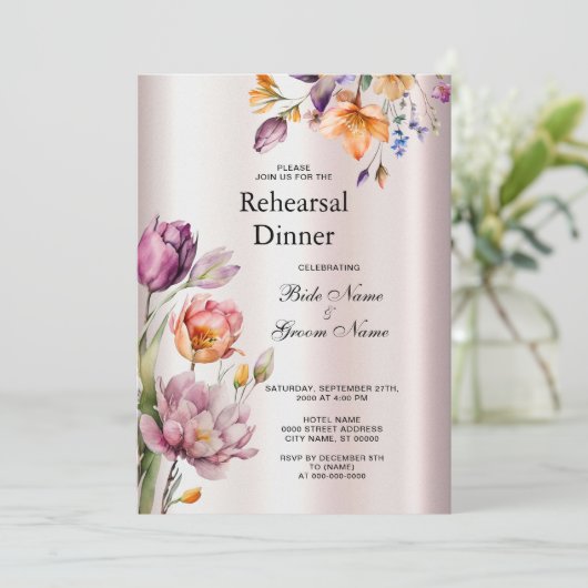 Farbenfrohe Frühlingsblumen Probe Abendessen Einladung (Stehend Vorderseite)