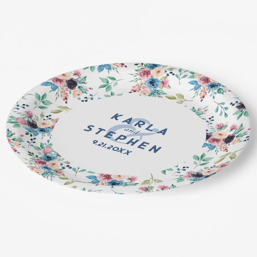 Farbenfrohe Frühlingsblumenmuster Pappteller (Schrägansicht)