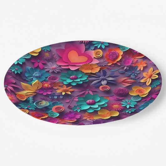 Farbenfrohe Frühlingsblumenmuster Pappteller (Schrägansicht)