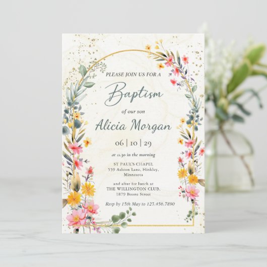 Farbenfrohe Frühlingsblüte Wildblume Wiesen-Taufe Einladung (Stehend Vorderseite)