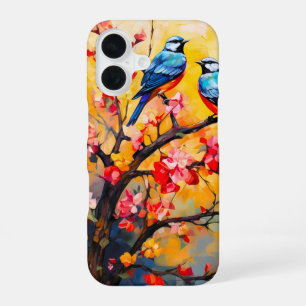 Farbenfrohe Frühlingsvögel in Blüte iPhone 16 Hülle