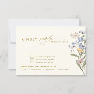 Farbenfrohe Frühlingswiese mit Wildblumen Goldene RSVP Karte