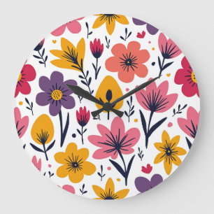 Farbenfrohe Frühlingswiesen-Blumen-Botanik Große Wanduhr