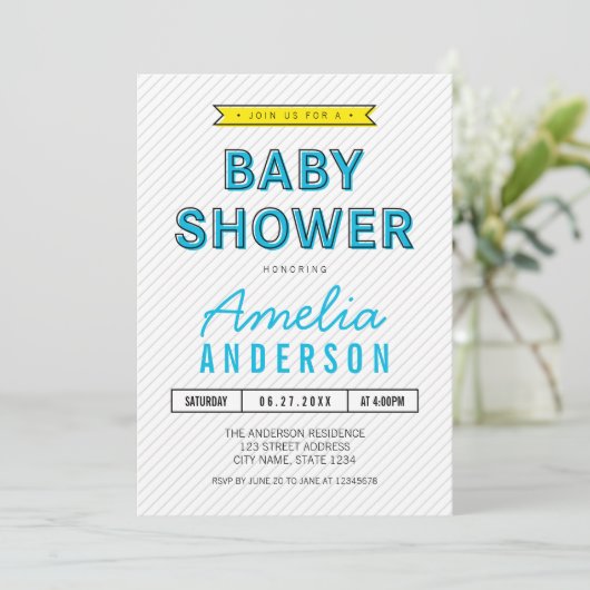 Farbenfrohe Fun Blau und Gelb Moderne Babydusche Einladung (Stehend Vorderseite)