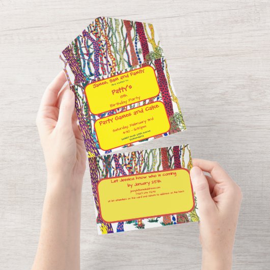 Farbenfrohe Fun Crazy Forest Wasserfarbe Geburtsta All In One Einladung (Abreißtisch)