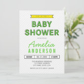 Farbenfrohe Fun Grün und Gelb Moderne Babydusche Einladung (Stehend Vorderseite)