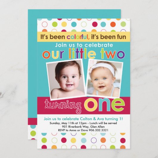 Farbenfrohe Fun Twins Einladung zum ersten Geburts (Vorne/Hinten)
