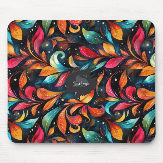Farbenfrohe Funkelnd Blätter Muster - Schwarzer Hi Mousepad (Vorne)