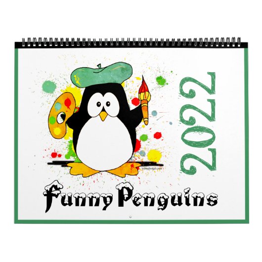 Farbenfrohe Funny Pinguins Cartoon Art Green 2022 Kalender (Titelbild)