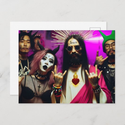 Farbenfrohe Funny Retro Punk Rock Party Jesus Postkarte (Vorne/Hinten)