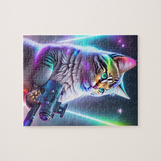 Farbenfrohe futuristische Cyberpunk-Katze mit Lase Puzzle (Horizontal)