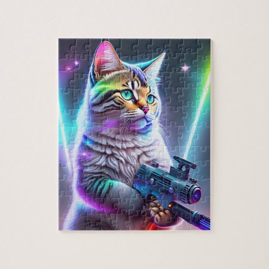 Farbenfrohe futuristische Cyberpunk-Katze mit Lase Puzzle (Vertikal)