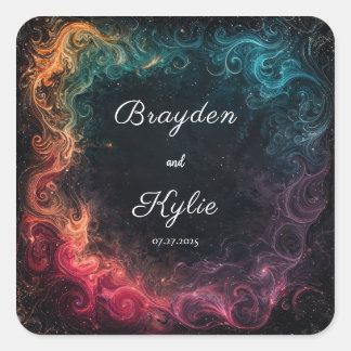 Farbenfrohe Galaxie-Swirt-Hochzeit Quadratischer Aufkleber