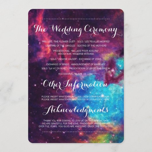 Farbenfrohe Galaxy-Hochzeitsprogramme Programm (Rückseite)