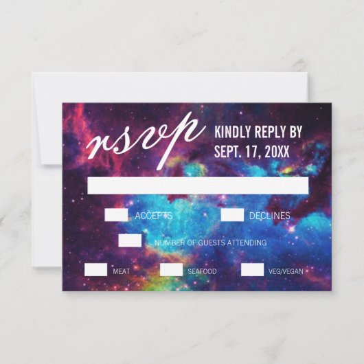 Farbenfrohe Galaxy Wedding RSVP Cards (Vorderseite)