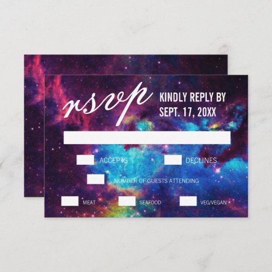 Farbenfrohe Galaxy Wedding RSVP Cards (Vorne/Hinten)