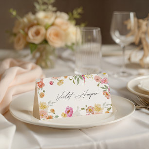 Farbenfrohe Gartenblumen Hochzeit  Platzkarte