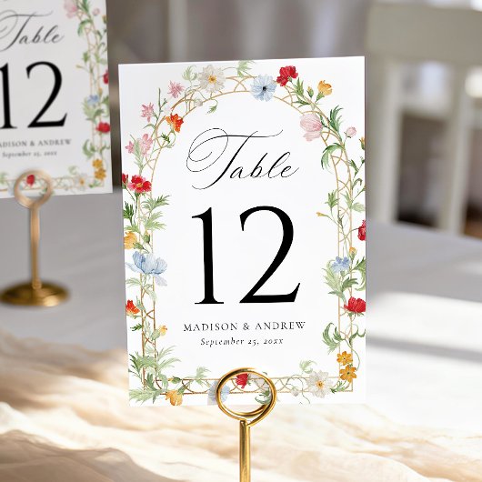 Farbenfrohe Gartengesteck-Hochzeit Tischnummer
