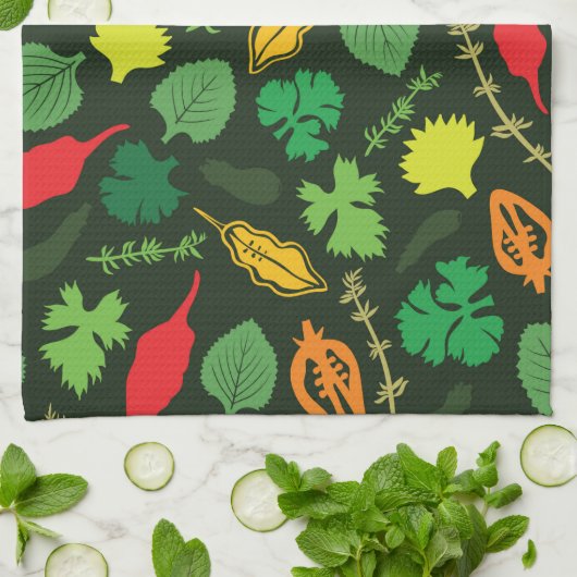 Farbenfrohe Gartenkräuter Muster Dunkles Muster Geschirrtuch (Gefaltet)