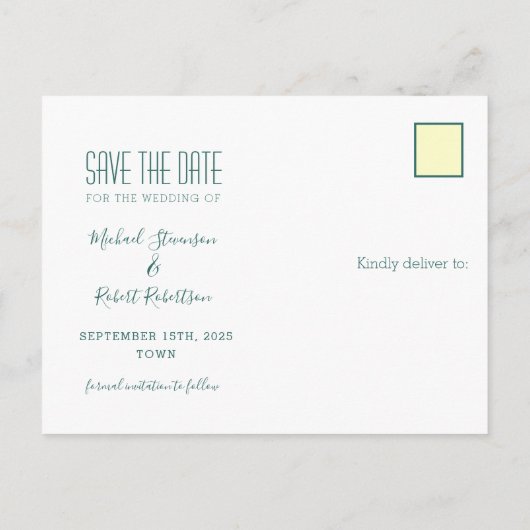 Farbenfrohe Gay Wedding rettet das Datum Ankündigungspostkarte (Rückseite)