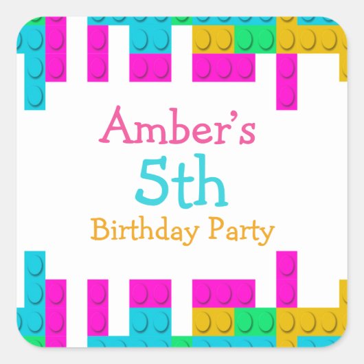 Farbenfrohe Gebäude Blocks Girl Birthday Party Quadratischer Aufkleber (Vorderseite)
