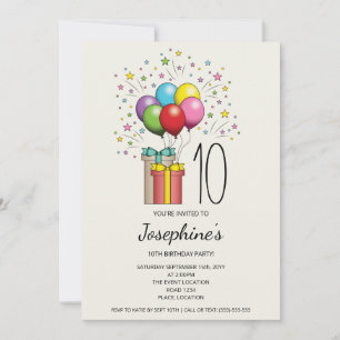 Farbenfrohe Geburtstagsballons und Geschenke für j Einladung