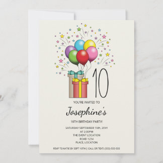Farbenfrohe Geburtstagsballons und Geschenke für j Einladung