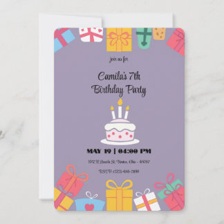 Farbenfrohe Geburtstagstorte und Geschenke Einladung