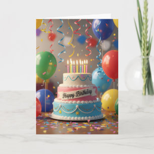 Farbenfrohe Geburtstagstorte und Luftballons Gebur Karte