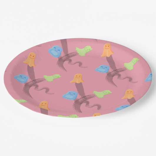 Farbenfrohe Geister in rosa Halloween-Party Pappteller (Schrägansicht)