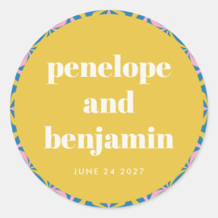 Farbenfrohe gelbe geometrische Brautpaare Runder Aufkleber