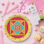 Farbenfrohe gelbe Rot-Quilt-Design-Muster Pappteller (Party)