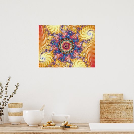 Farbenfrohe gelbe Spiralen Mandelbrot Poster (Küche)