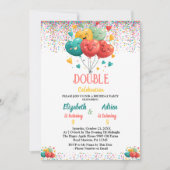 Farbenfrohe gemeinsame Twin Birthday Party für Kin Einladung (Vorderseite)