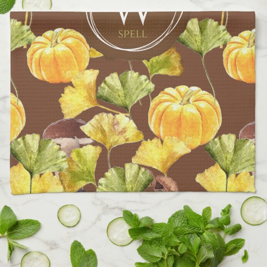 Farbenfrohe, gemütliche Herbst-Aquarellmuster-Mono Geschirrtuch (Gefaltet)