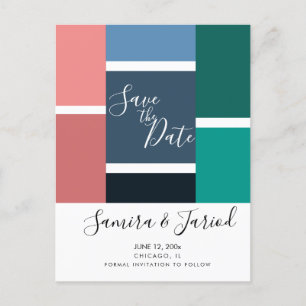 Farbenfrohe geometrische Colorblock Save-the-Date- Postkarte