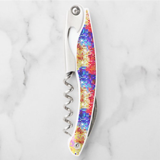 Farbenfrohe geometrische Disco Glitzer Hintergrund Kellnermesser (Vorderseite)