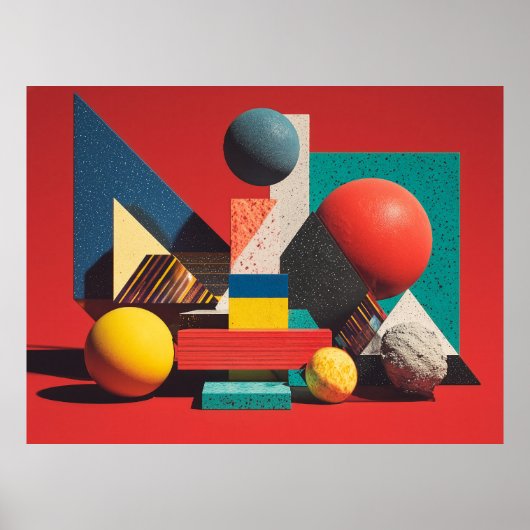 Farbenfrohe geometrische Formen auf rotem Hintergr Poster (Vorne)