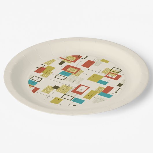 Farbenfrohe geometrische Formen des Retro Mitte de Pappteller (Schrägansicht)