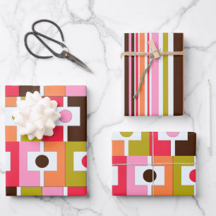Farbenfrohe geometrische Muster in Retro-Rosa Geschenkpapier Set