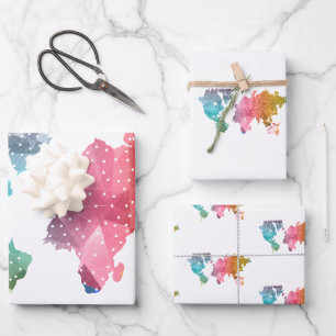 Farbenfrohe geometrische Weltkarte - Trendy Geschenkpapier Set