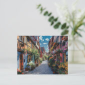 Farbenfrohe gepflasterte Straße mit Blume Postkarte (Stehend Vorderseite)