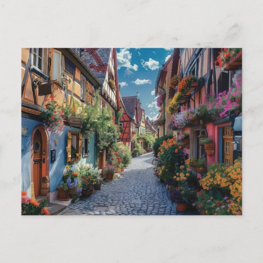 Farbenfrohe gepflasterte Straße mit Blume Postkarte (Vorderseite)
