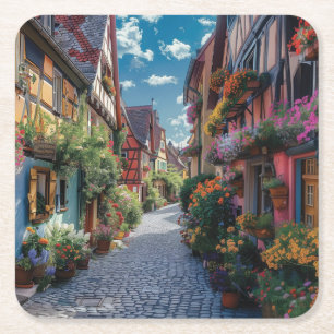 Farbenfrohe gepflasterte Straße mit Blume Rechteckiger Pappuntersetzer